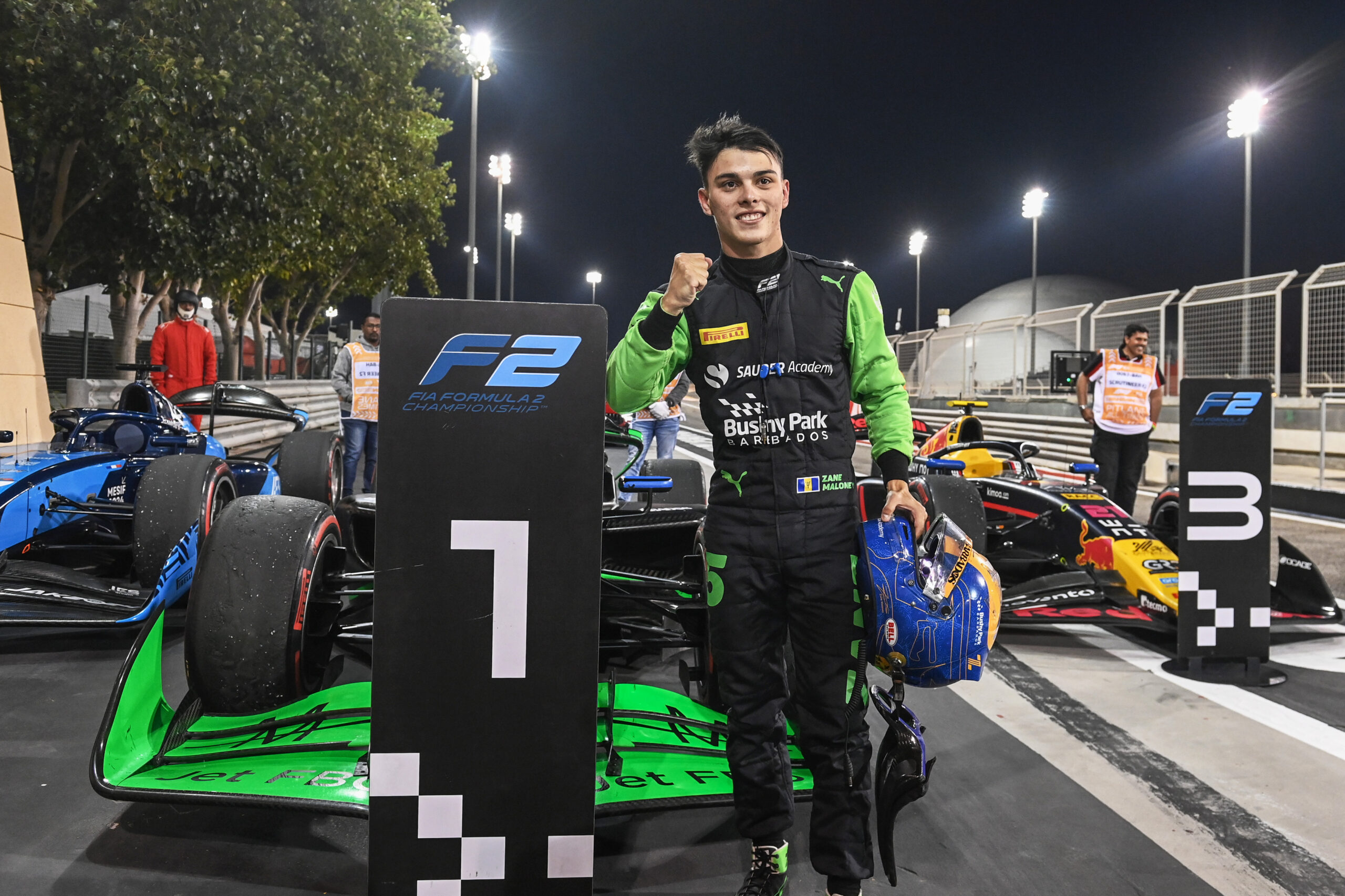Zane Maloney F2 (BRB, Rodin Motorsport), 1st position, celebrates in Parc Ferme